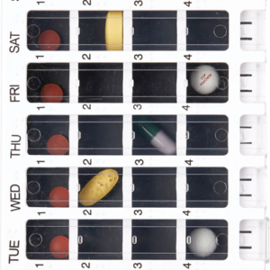 Lääkeannostelijassa on lokerot päiville ja vuorokaudenajoille
